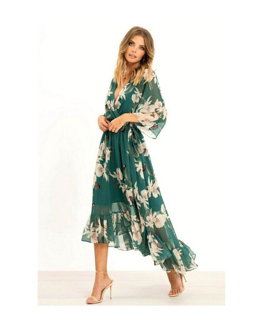 Yumi' Green Floral Print Kimono Midi Wrap Dress