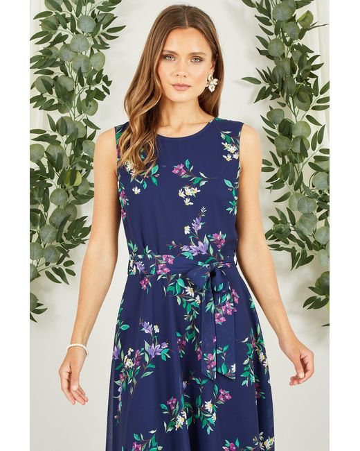 Yumi' Blue Floral Print Midi Skater Dress