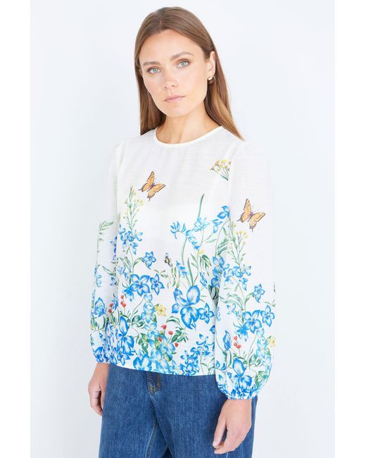 Yumi' Blue Butterfly Print Long Sleeve Top