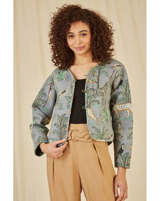 Yumi' Green Animal Print Reversible Cotton Cropped Quilted Jacket