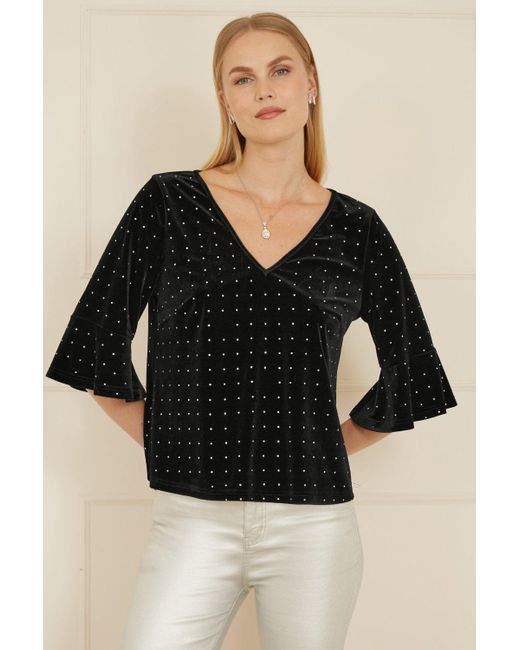 Yumi' Black Stud Velvet Relaxed Fit Top With Fluted Sleeves