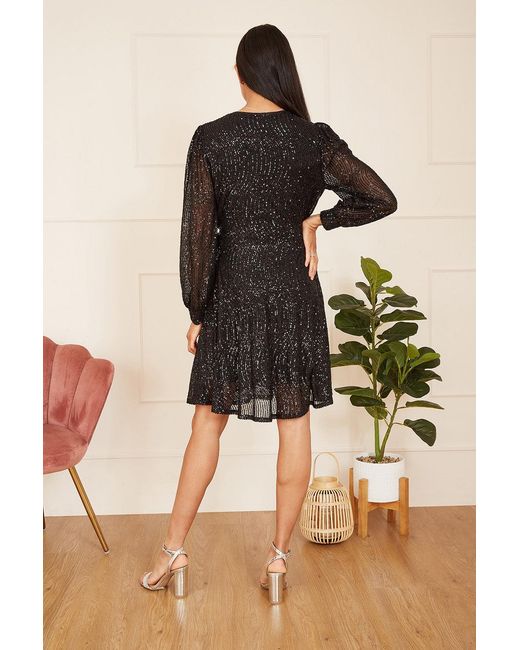 Mela Black Sequin Long Sleeve Frill Wrap Dress