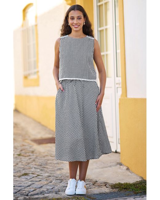 Yumi' Blue Gingham Cotton Top With Lace Trims