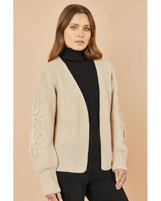 Yumi' Natural Edge To Edge Cardigan With Flower Detail Sleeves