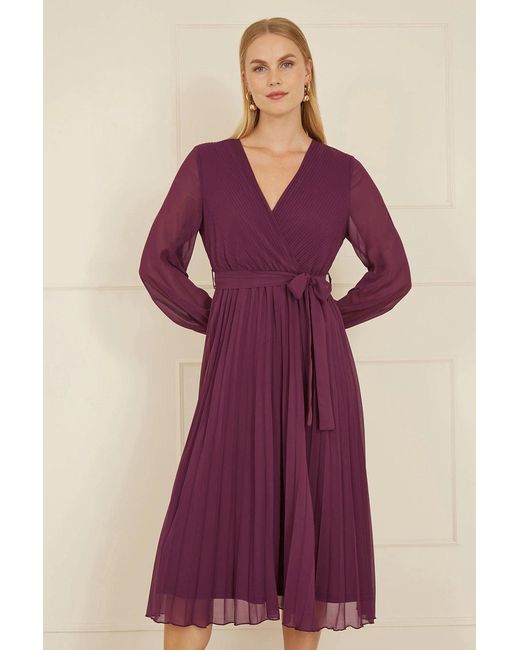Yumi' Pink Plum Pleated Wrap Midi Dress With Sheer Long Sleeves