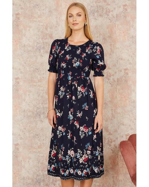 Yumi' Blue Recycled Floral Ruched Midi Dress With Puff Sleeves