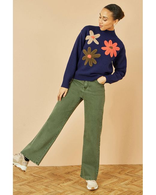 Yumi' Blue Knitted High Neck Jumper With Applique Flowers