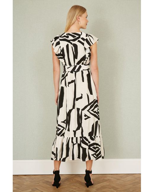 Yumi' White Ivory Abstract Print Viscose Midi Dress With Matching Belt