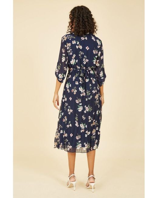 Mela London Blue Mela Floral Print Midi Dress With Buckle Belt Detail