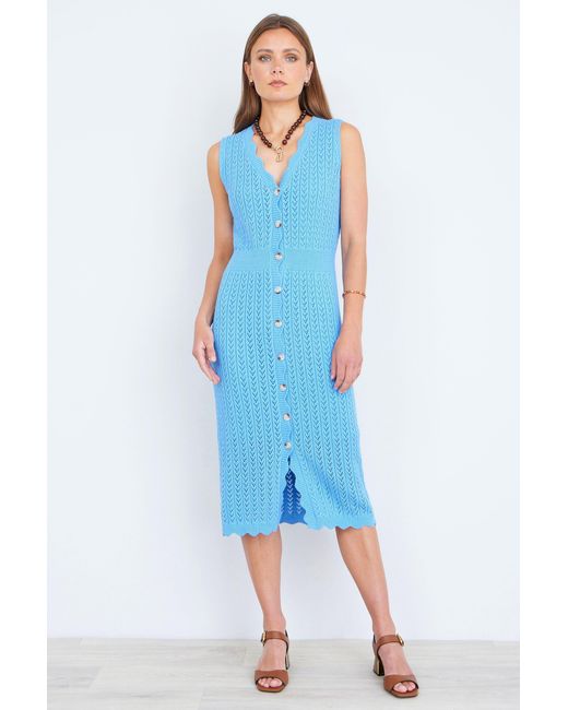 Yumi' Blue Scallop Edge Crochet Knitted Midi Dress