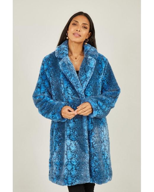 Yumi' Blue Snakeskin Print Faux Fur Coat