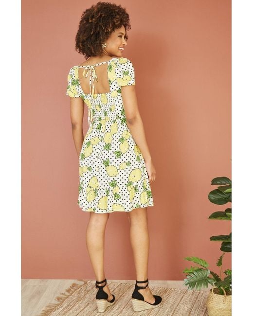 Mela London White Mela Viscose Lemon Print Skater Dress With Balloon Sleeves