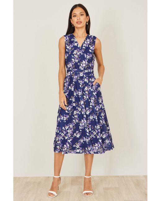 Yumi' Blue Blossom Print Mesh Stretch Midi Dress With Pockets