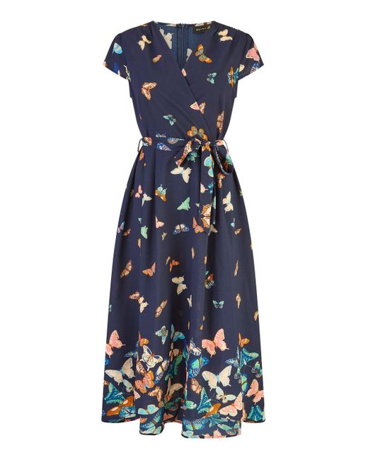 Yumi' Blue Butterfly Print Dip Hem Midi Wrap Dress