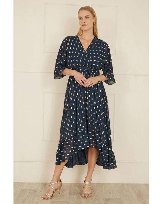 Yumi' Blue Foil Print Wrap Dip Hem Dress
