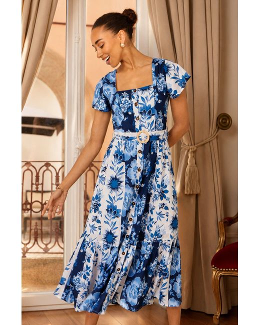 Yumi' Blue Floral Viscose Midi Shirt Dress With Matching Belt
