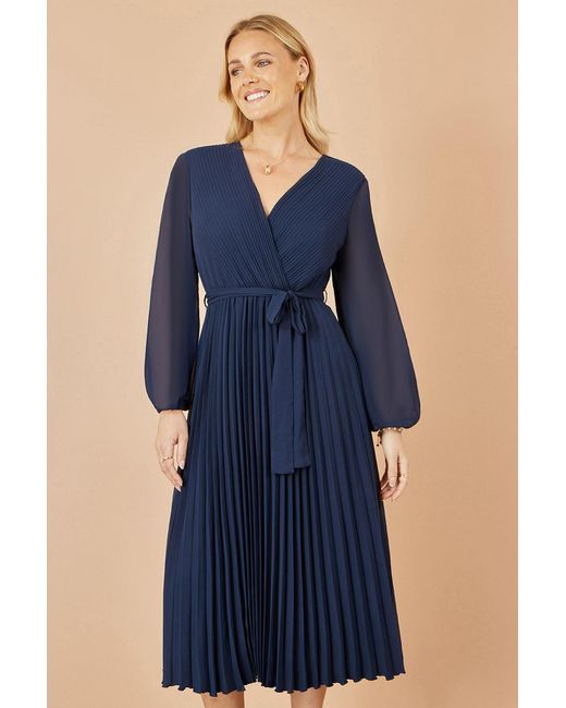 Yumi' Blue Pleated Wrap Midi Dress With Sheer Long Sleeves