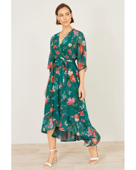Yumi' Green Floral Kimono Wrap Dress With Dip Hem