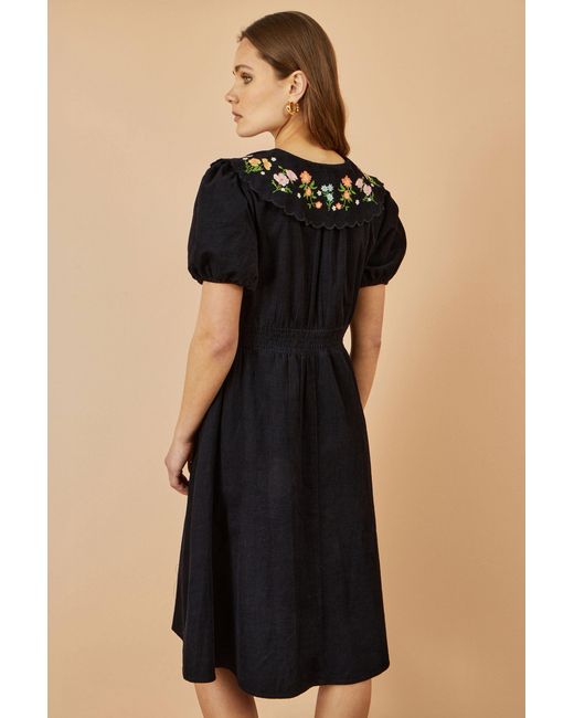 Yumi' Black Long Sleeve Midi Dress With Floral Embroidery