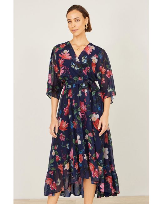 Yumi' Blue Floral Kimono Wrap Dress With Dip Hem