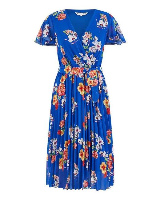Yumi' Blue Floral Pleated Wrap Dress