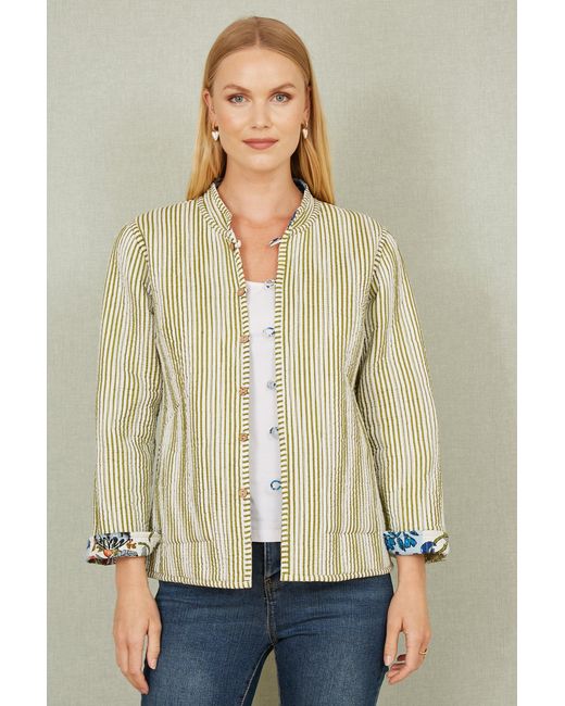 Yumi' Blue Patchwork Print Reversible Cotton Quilted Jacket