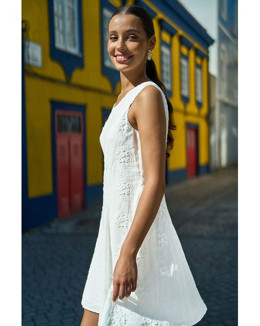 Yumi' Blue Cotton Applique Flower Swing Shift Dress