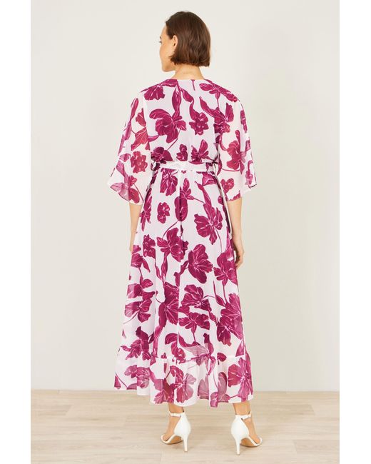 Yumi' Pink Kimono Sleeves Midi Dip Hem Wrap Midi Dress