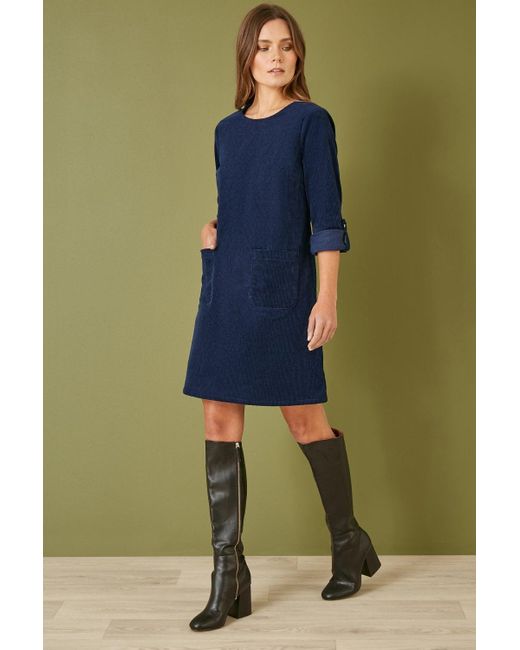 Yumi' Green Cord Tunic Dress With 3/4 Sleeves And Pockets