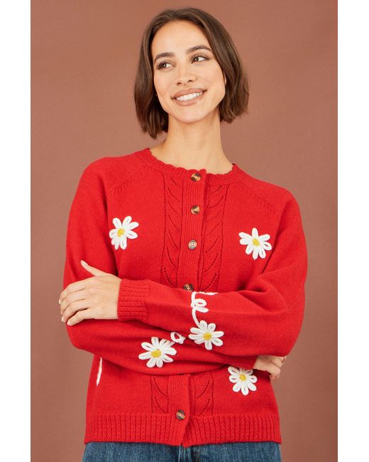Yumi' Red Daisy Stitch Cardigan