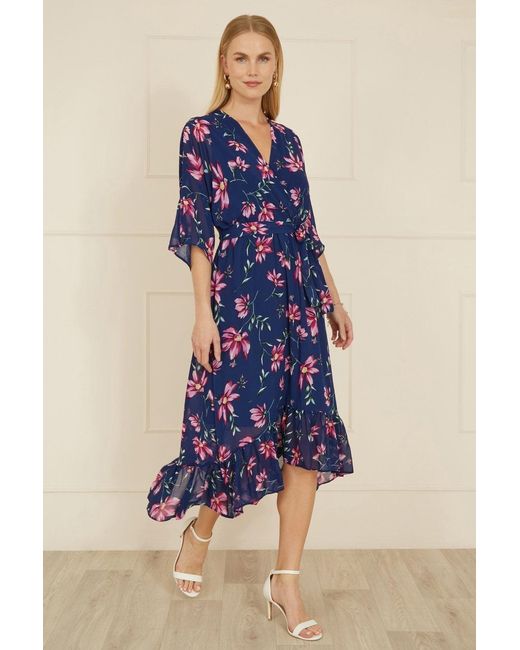 Yumi' Blue Floral Kimono Dipped Hem Dress