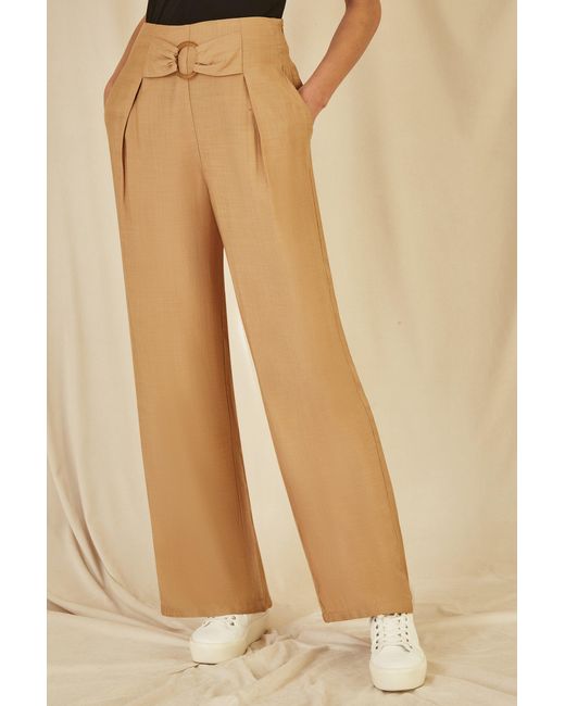 Yumi' Natural Wide Leg Trousers With Front Buckle Detail