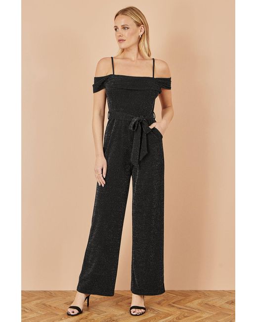 Yumi' Black Sparkle Stretch Bardot Jumpsuit