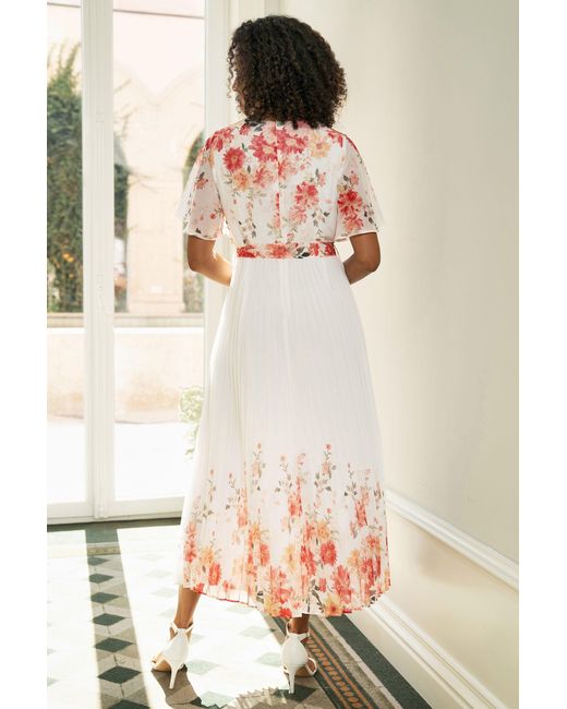 Yumi' White Mirror Floral Design Pleated Midi Dress