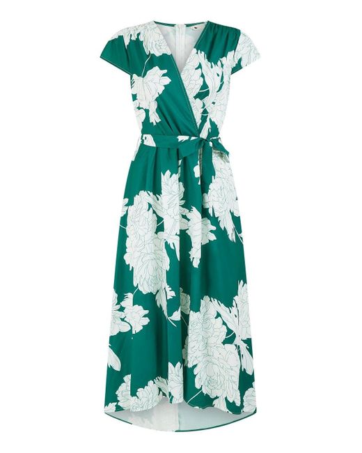 Yumi' Blue Blossom Print Wrap Midi With Dipped Hem