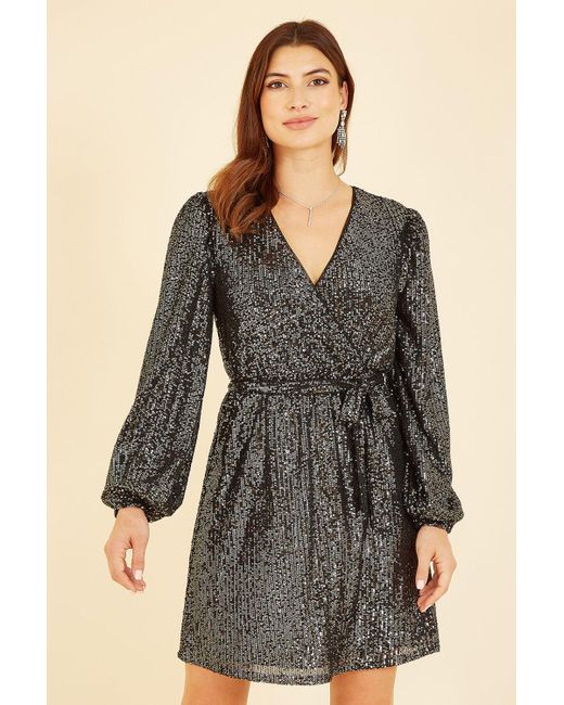Mela Gray Sequin Belted Wrap Long Sleeve Dress