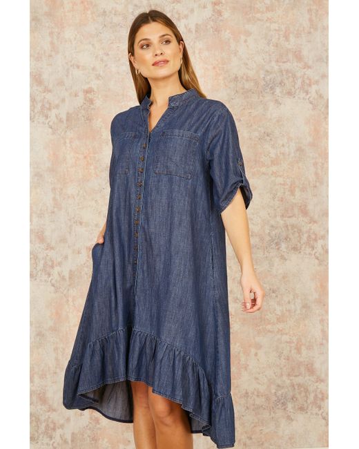 Yumi' Blue Chambray Denim Dip Hem Relaxed Fit Shirt Dress