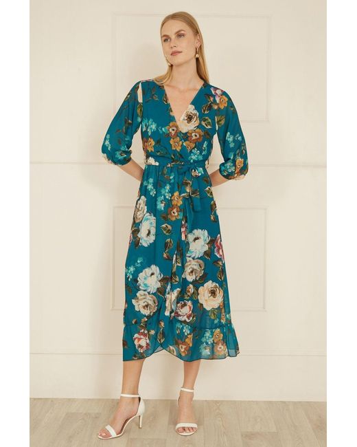 Yumi' Blue Watercolour Dip Hem Midi Wrap Dress