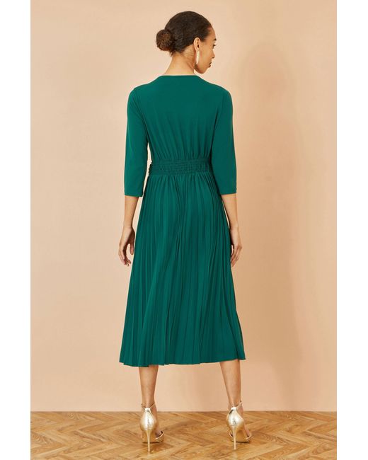 Yumi' Green Jersey Knot Waist Pleated Midi Dress
