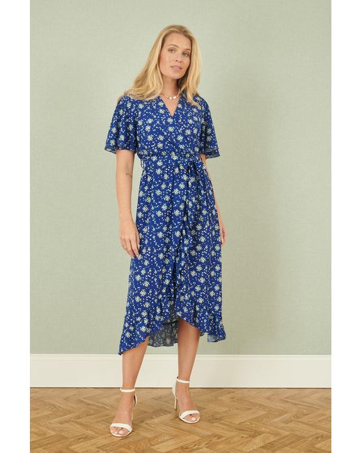 Yumi' Blue Floral Wrap Dress With Frill Hem