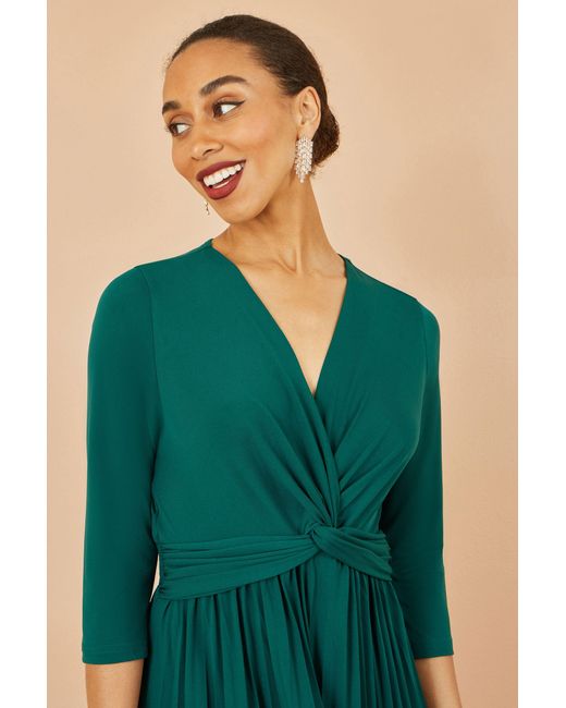 Yumi' Green Jersey Knot Waist Pleated Midi Dress