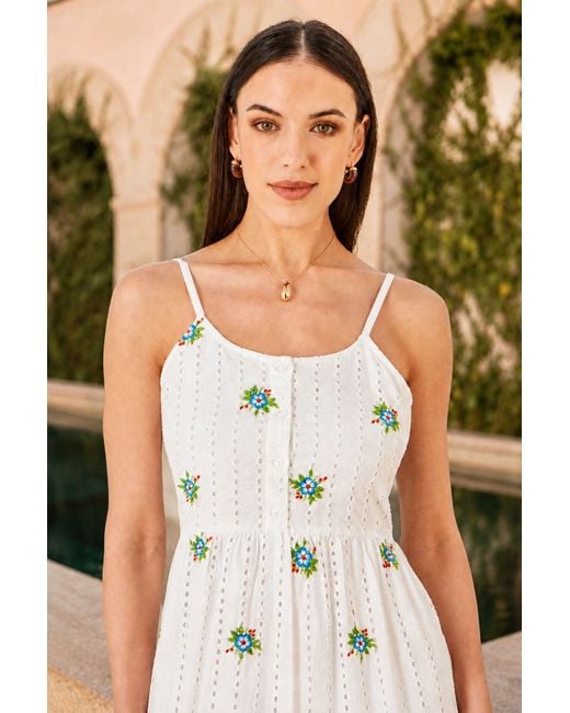 Yumi' Blue Cotton Embroidered Broderie Anglaise Midi Sun Dress