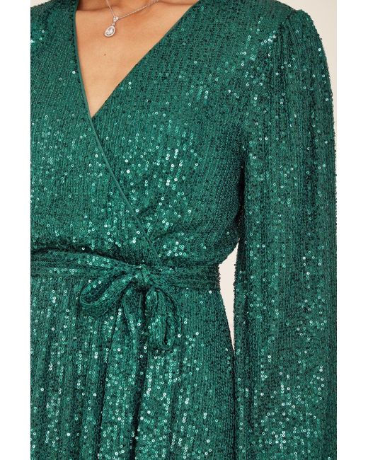 Mela London Green Mela Sequin Belted Wrap Long Sleeve Dress