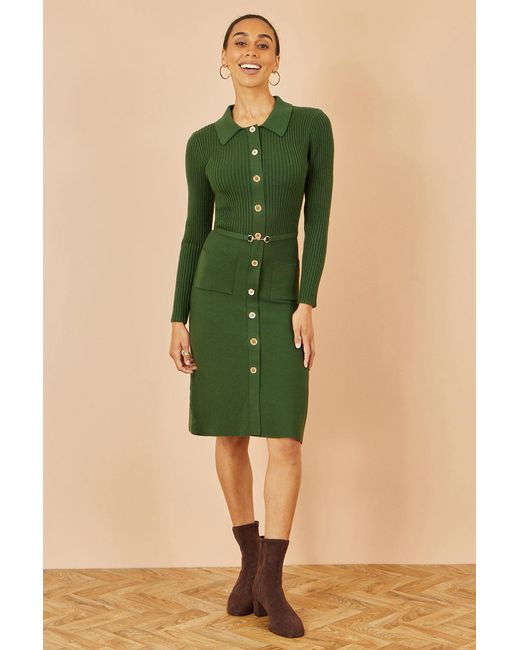 Yumi' Green Rib Knit Midi Shirt Dress With Snaffle Belt