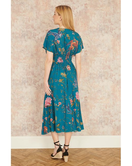 Yumi' Blue Bird And Floral Print Ruched Waist Kimono Midi Dress