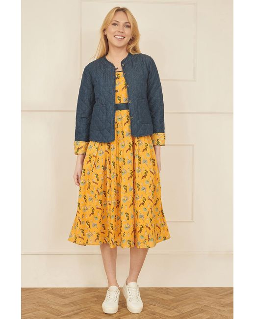 Yumi' Yellow Floral Skater Dress With Denim Trims