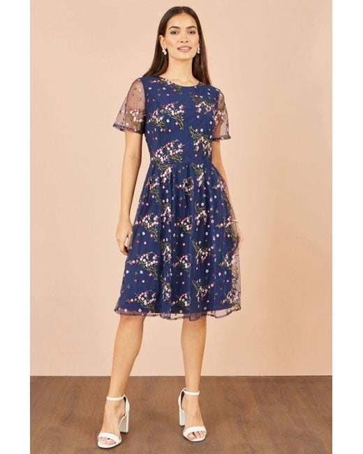 Yumi' Blue Embroidered Floral Mesh Prom Dress