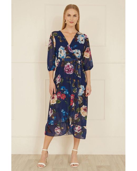 Yumi' Blue Watercolour Dip Hem Midi Wrap Dress