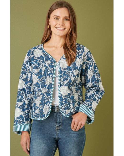 Yumi' Blue Patchwork Print Reversible Cotton Quilted Jacket