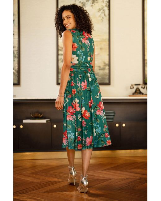 Yumi' Green Blurred Floral Print Mesh Stretch Midi Dress With Pockets